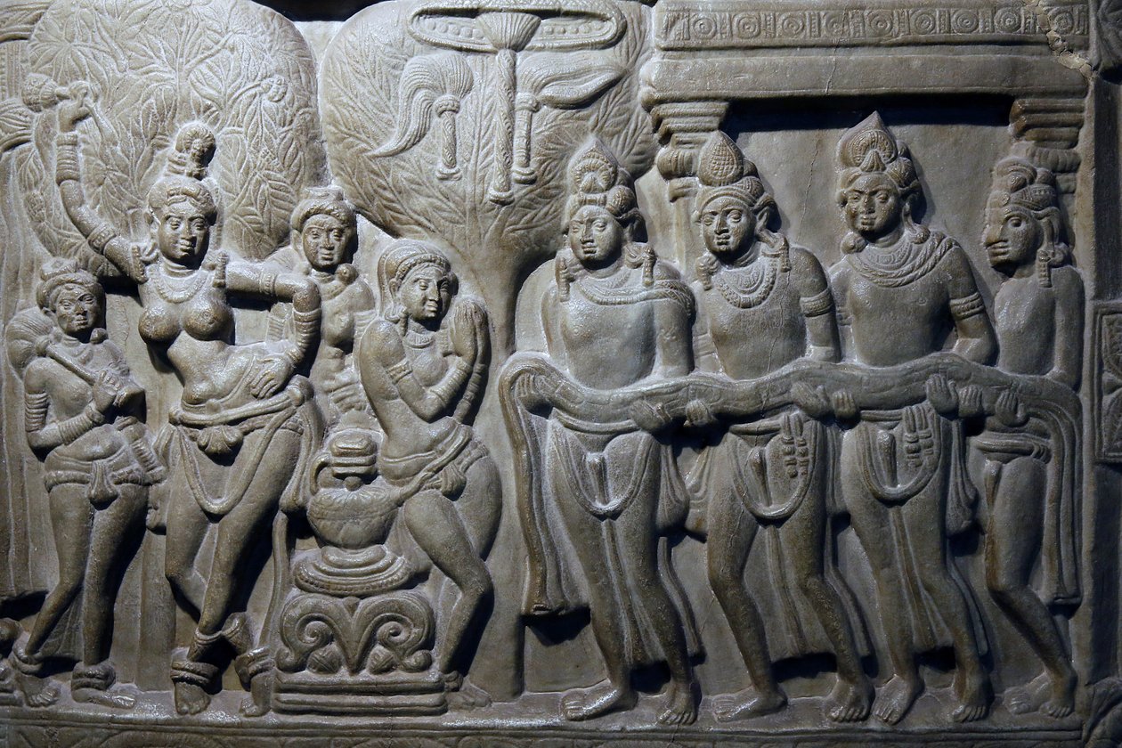 Národní muzeum Indie, Dillí. Buddhovy životní scény. Ikshvaku, 3. století našeho letopočtu Nagarjunakonda, Andhra Pradesh. Šedivý vápenec. Detail. Indie. od Unbekannt