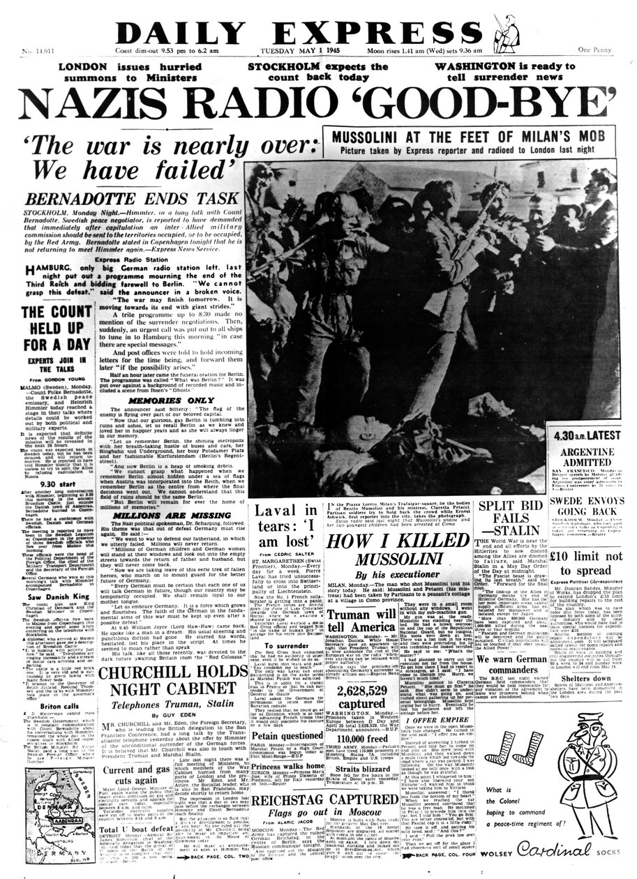 Nacistické rádio Good-bye, titulní strana Daily Express, 1. května 1945 od Unbekannt