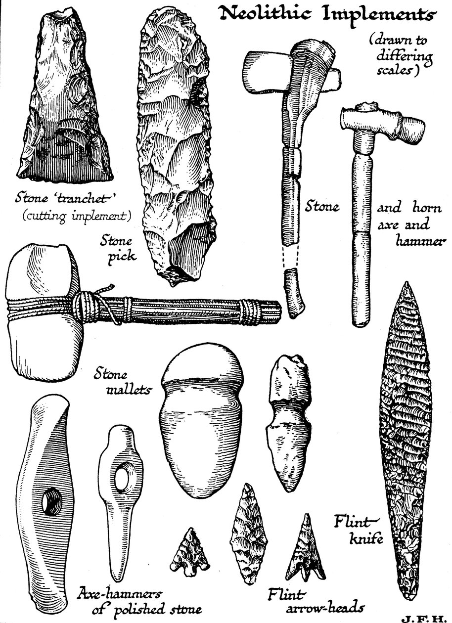 Neolitické nástroje z kamene, pazourku a rohoviny, c1890 od Unbekannt