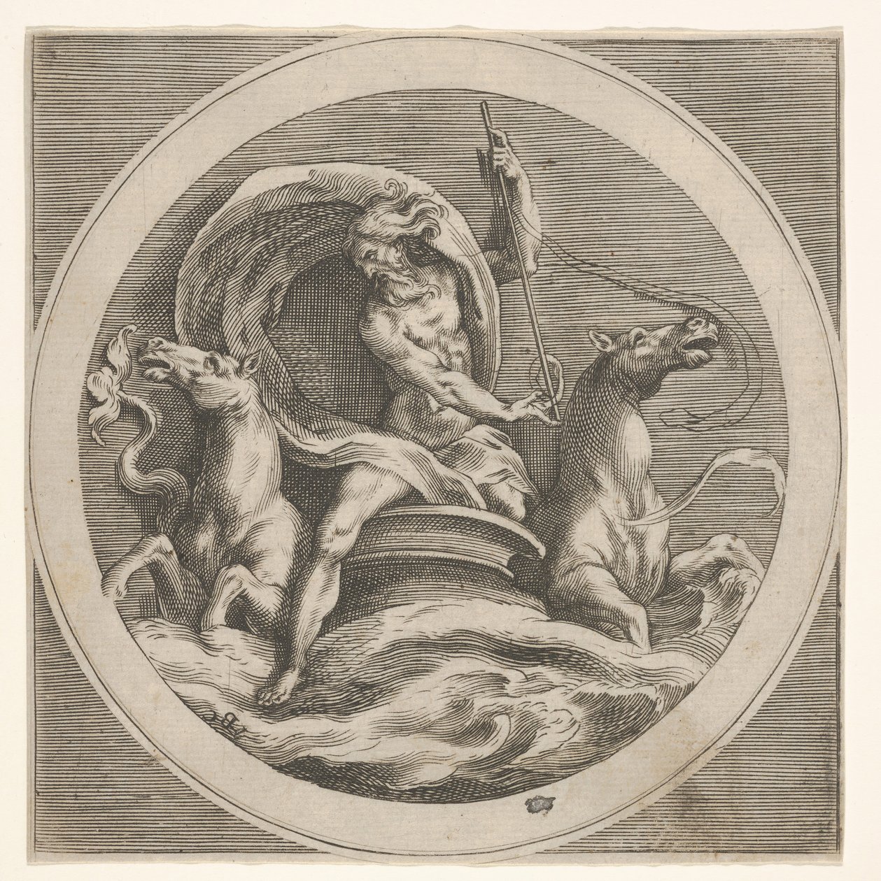 Neptun vycházející z moře a nesoucí hůl, doprovázený dvěma koňskými hlavami ..., ca. 1550-1600. od Unbekannt
