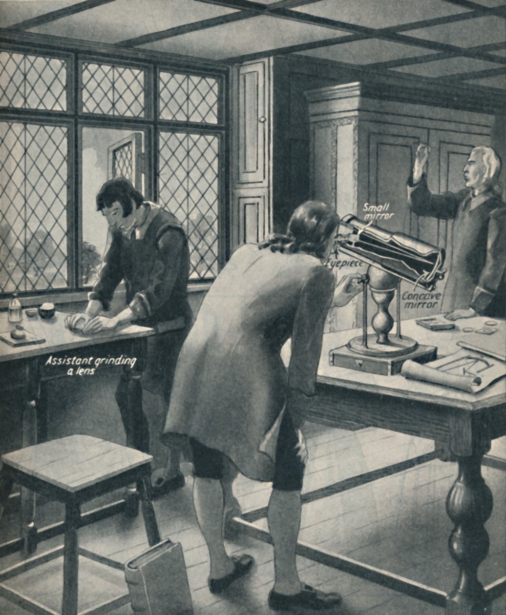 Newton vynalézá nový dalekohled, c1934 od Unbekannt