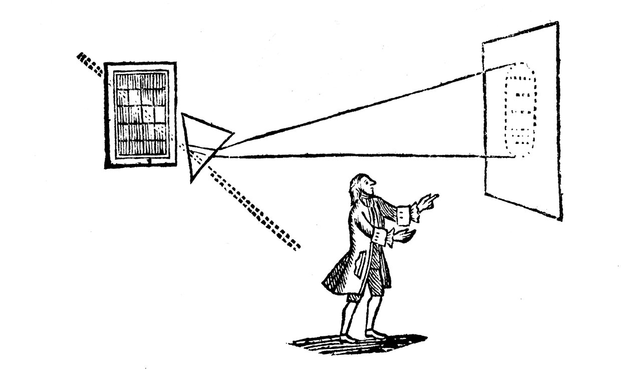 Newtonův experiment rozdělující bílé světlo na barvy spektra hranolem, 1757 od Unbekannt