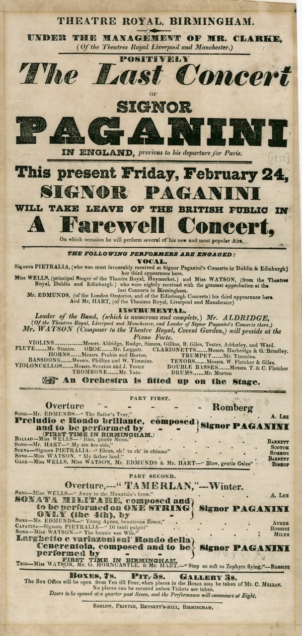 Niccolo Paganini - playbill od Unbekannt