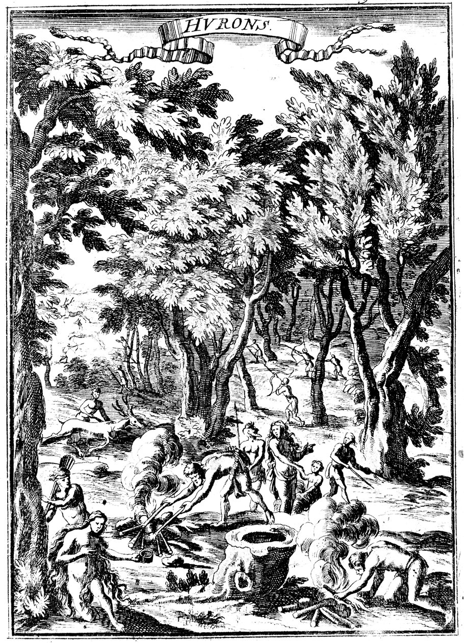 Severoameričtí Huronští indiáni lovící a připravující jídlo v lesích, 1686 od Unbekannt