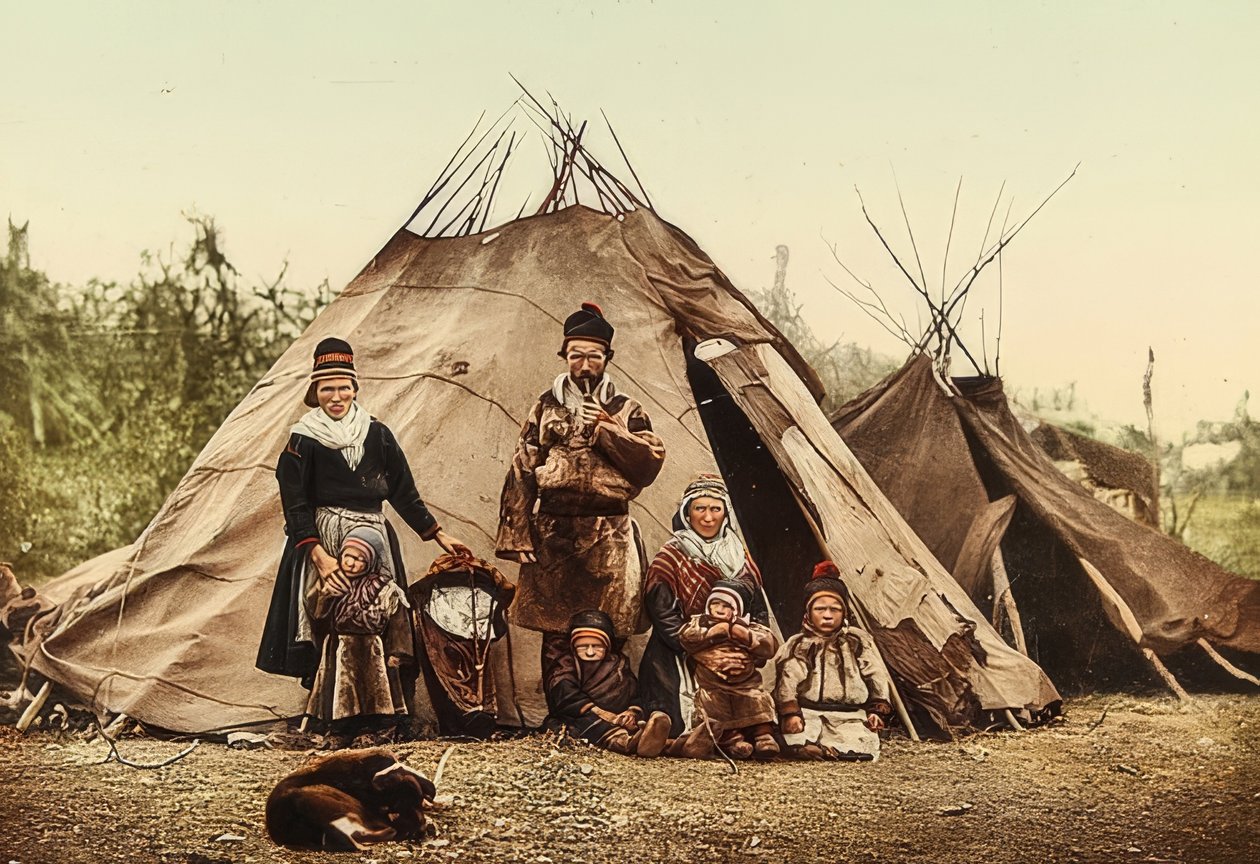 Norsko. Hadr (semínko) - rodina před stanem. Kolem 1900. Fotochrom. Fotografie od Photoglob / Curych od Unbekannt