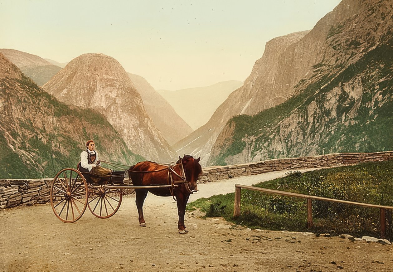 Norská selka na voze taženém koňmi. Kolem 1900. Fotochrom. Fotografie od Photoglob / Curych od Unbekannt