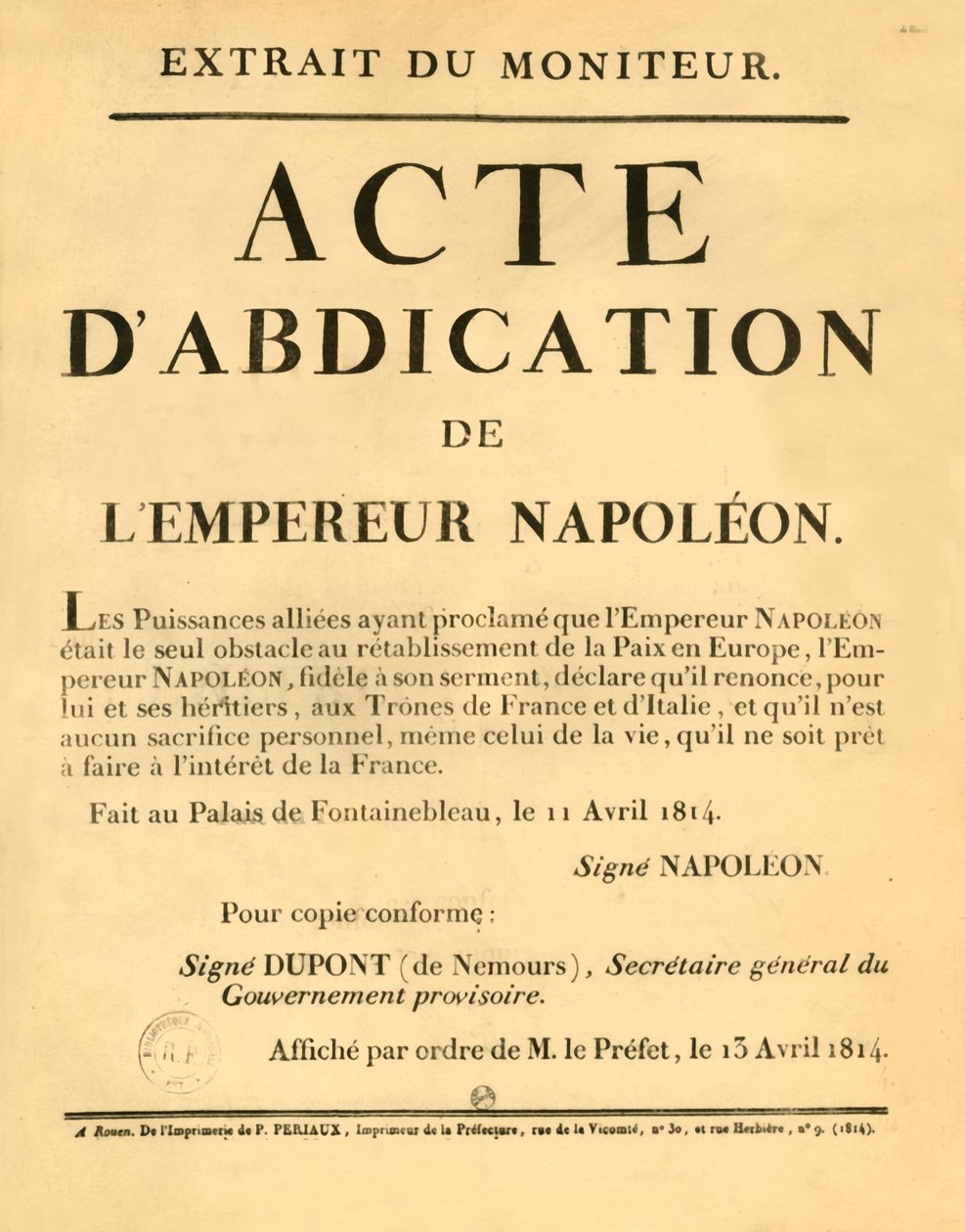 Oznámení oznamující abdikaci císaře Napoleona, 11. dubna 1813, 1921. od Unbekannt