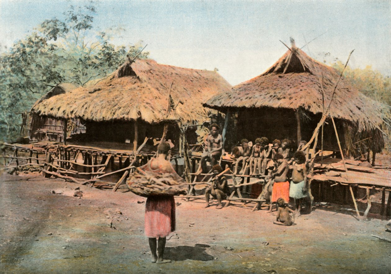 Nová Guinea. Karapuna. Domorodá vesnice, Papua Nová Guinea. Karapuna. Rodná vesnice, 1900. od Unbekannt