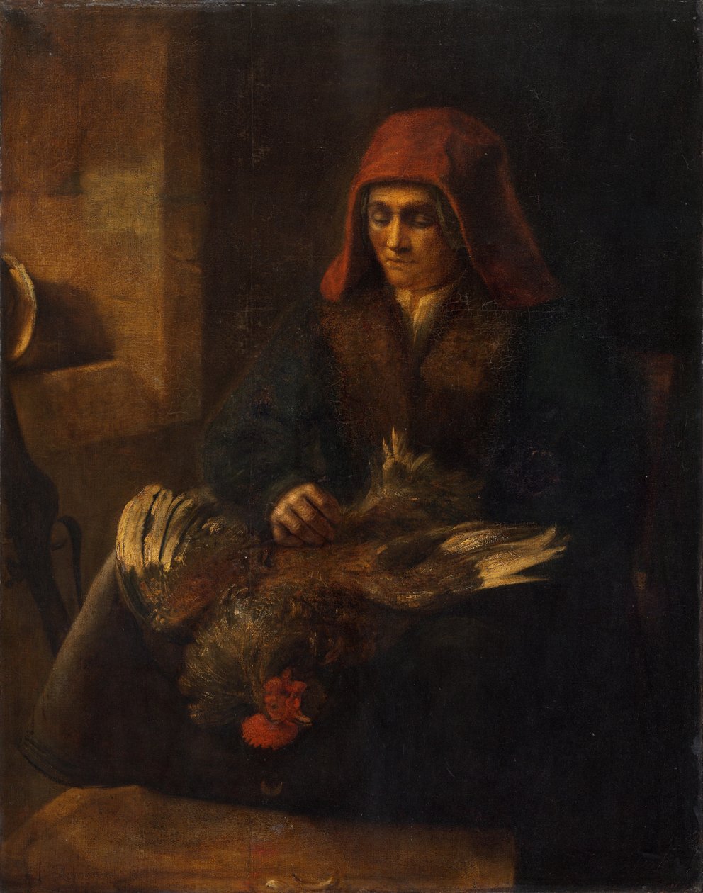 Stará žena škubající slepici, 16501655. od Unbekannt