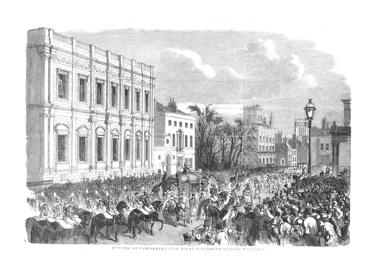 Otevření parlamentu – The Royal Procession Passing Whitehall., 1854 od Unbekannt