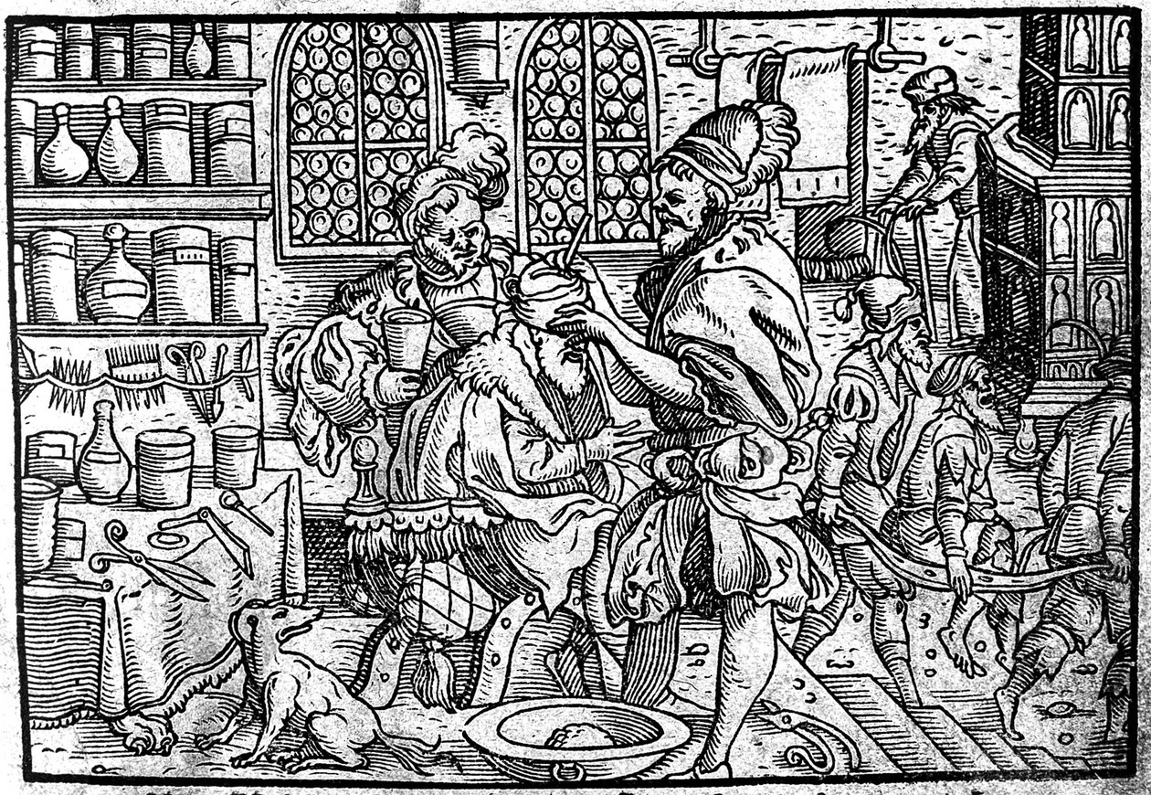 Operace na hlavě muže. Z: Velký lék na rány Theophrastus Bombastus von Hohenheim, 1562 od Unbekannt