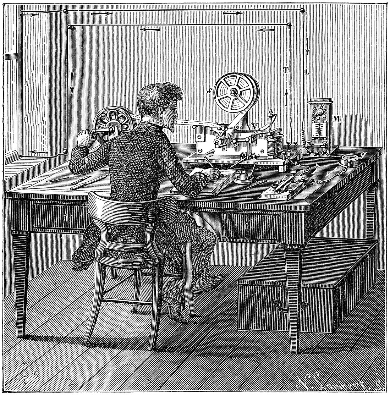 Operátor přijímající zprávu v Morseově abecedě na elektrickém tiskovém telegrafu, 1887 od Unbekannt