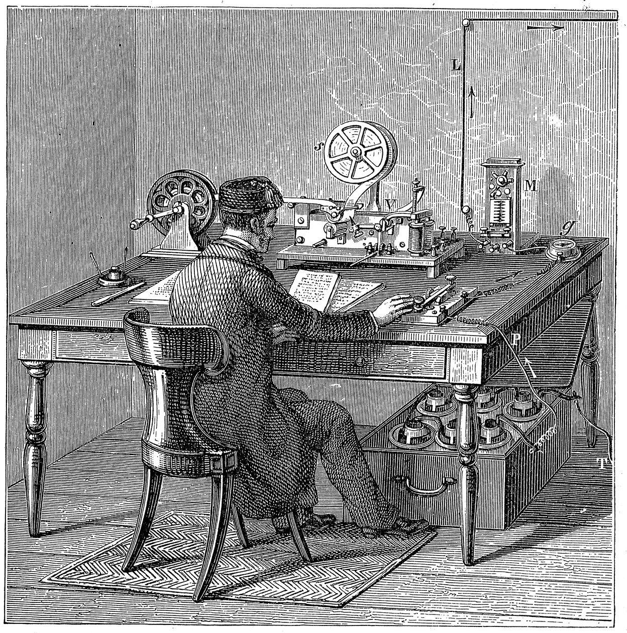 Operátor posílá zprávu na Morseově elektrickém tiskovém telegrafu, 1887 od Unbekannt