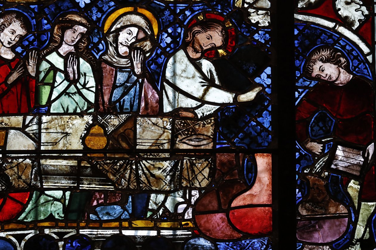 Katedrála Panny Marie Štrasburské. Vitráž. Proměna vody ve víno na svatbě v Káně. 14. století. Štrasburk. Francie. od Unbekannt