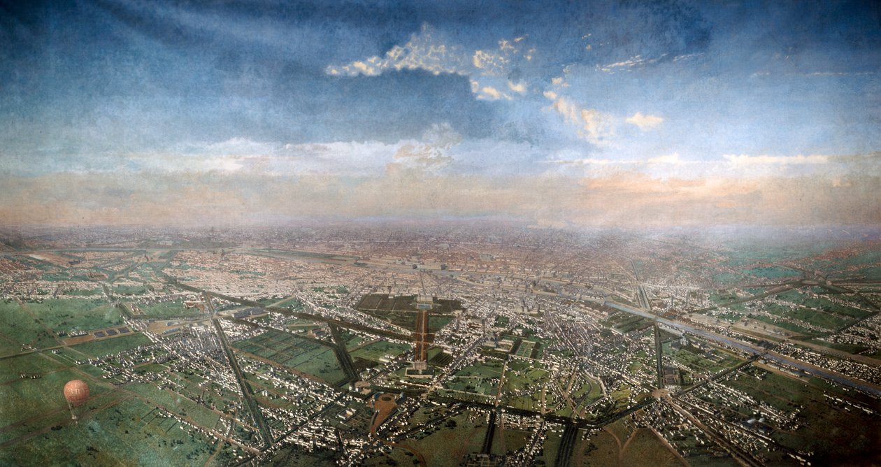 Celkový pohled na Paříž, převzato z observatoře v balónu, 1855 od Unbekannt