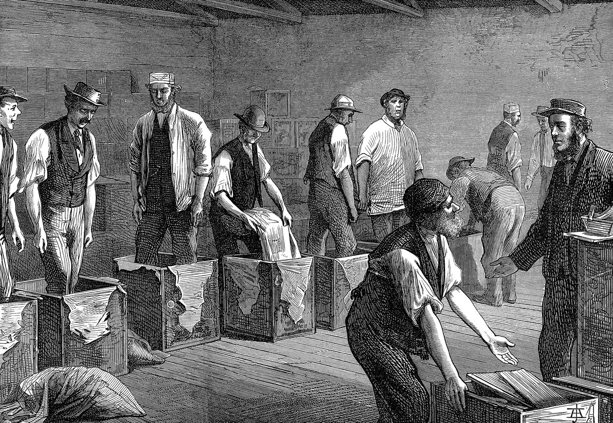Balení čaje ve skladech East & West India Dock Company, Londýn, 1874 od Unbekannt