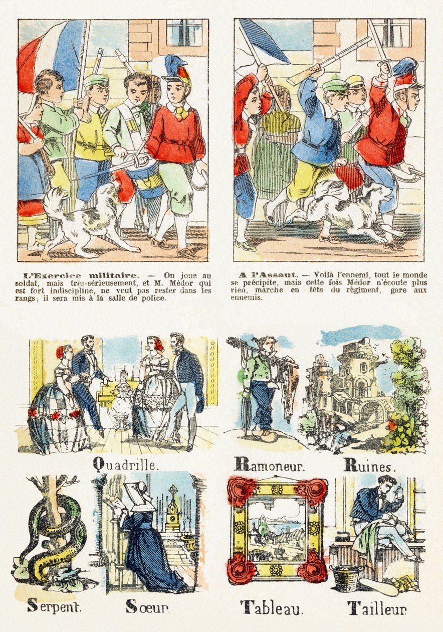 Strana 7 - dětské hry: vojenské cvičení, Útok - Abeceda - Zábava pro děti - Epinal snímky, populární seriál, kolem roku 1890 od Unbekannt