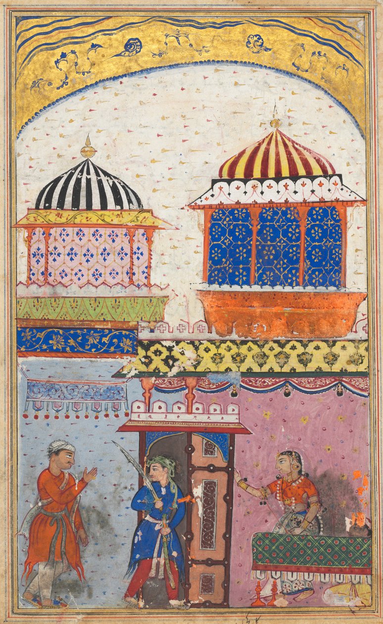 Stránka z Příběhů papouška Tuti-nama: Osmá noc: Žena žádá svého milence, aby odešel..., c. 1560. od Unbekannt