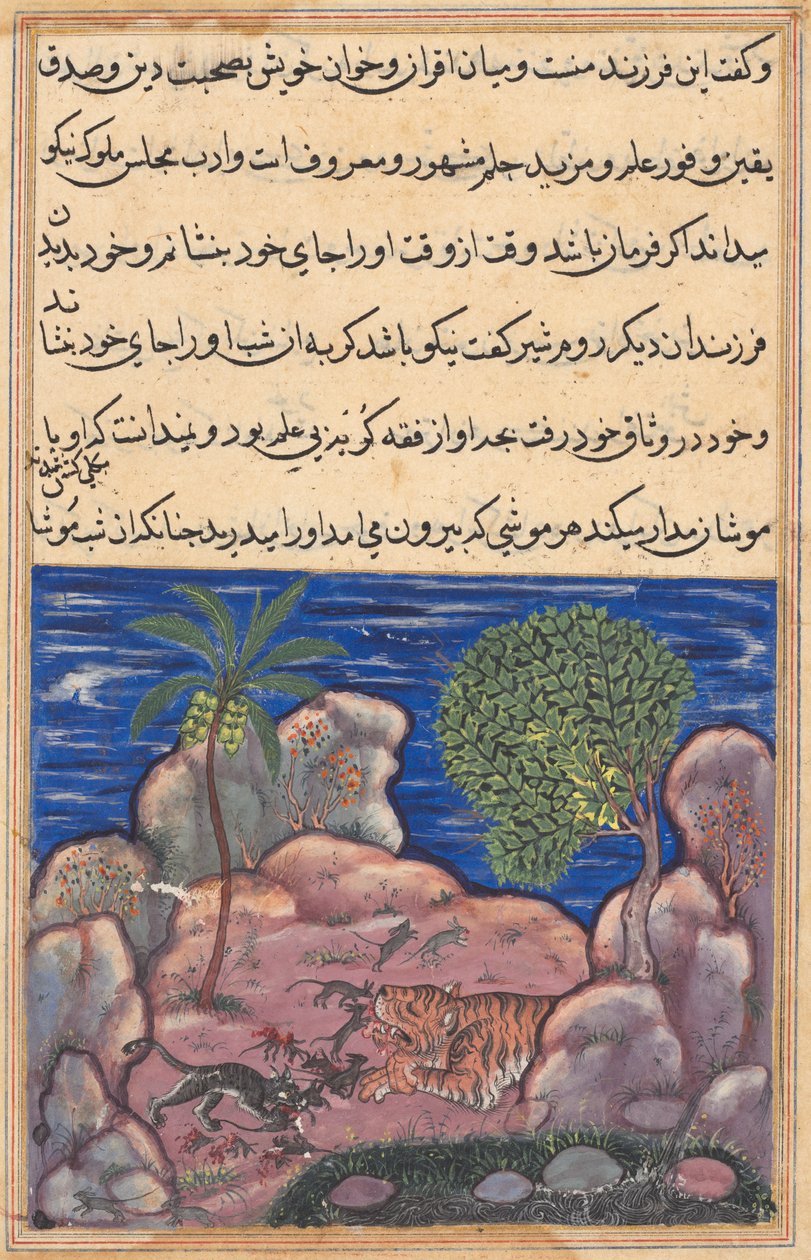 Stránka z Tales of a Parrot Tuti-nama: Patnáctá noc: Kočka útočí na myši..., 1558-1560. od Unbekannt