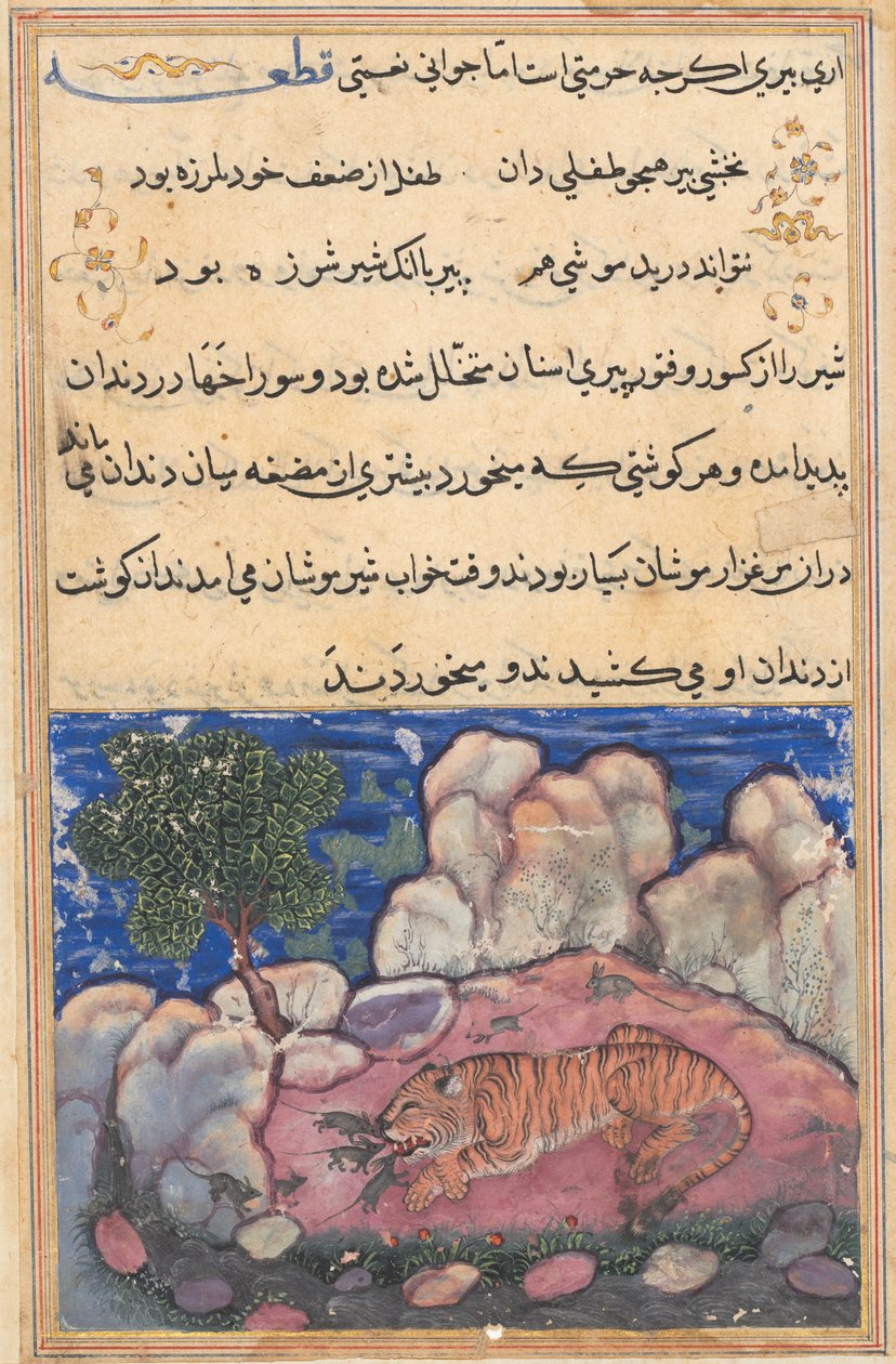 Stránka z Příběhů papouška Tuti-nama: Patnáctá noc: Lev narušený myšmi..., 1558-1560. od Unbekannt