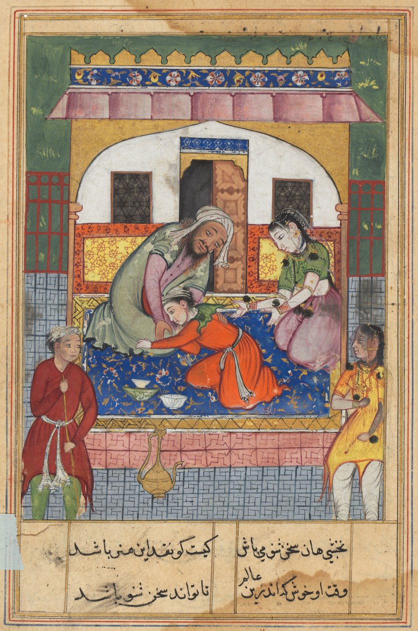 Stránka z Příběhů papouška Tuti-nama: Čtyřicátá druhá noc: Pokání za jeho chování..., c. 1560. od Unbekannt