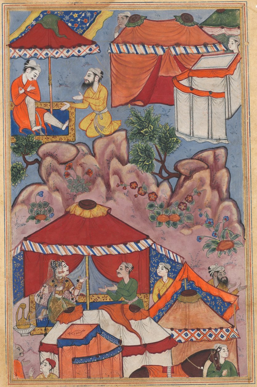 Stránka z Tales of a Parrot Tuti-nama: Dvacátá čtvrtá noc: Bashir se svěřuje se svou láskou, c. 1560. od Unbekannt