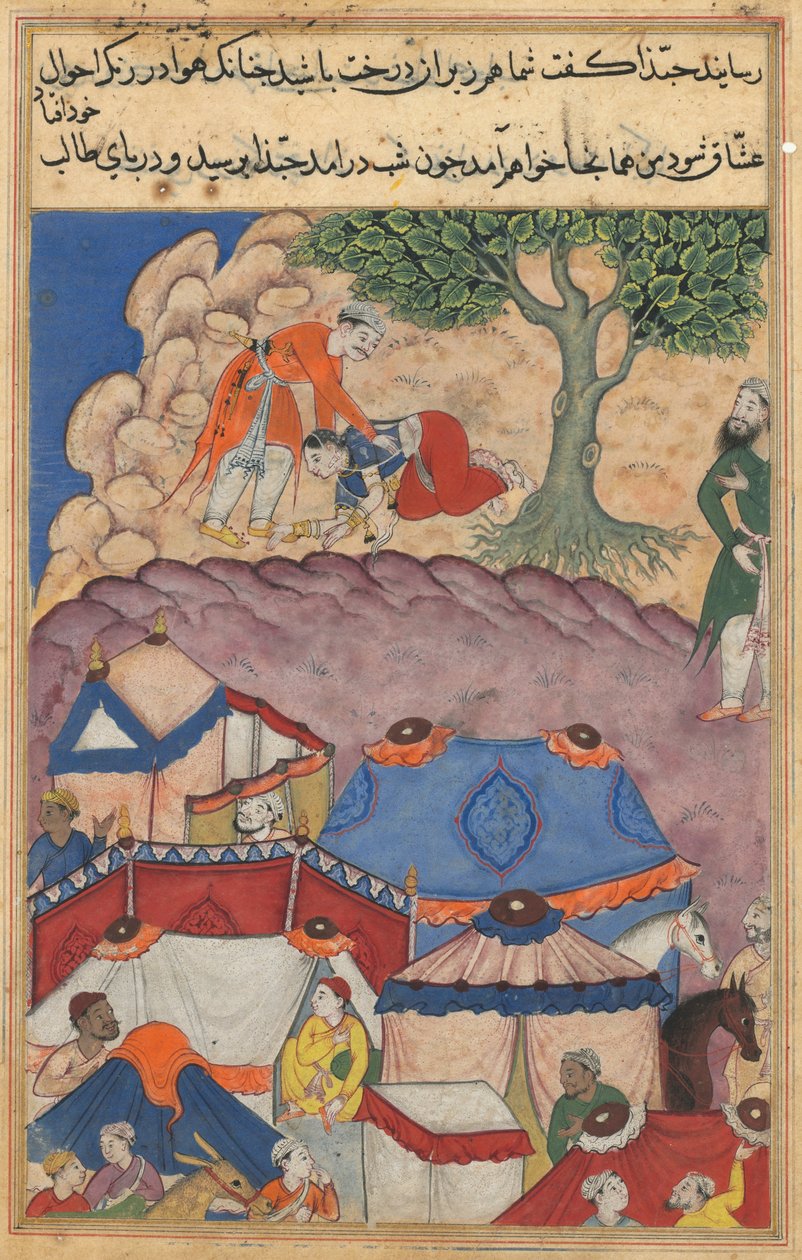 Stránka z Tales of a Parrot Tuti-nama: Dvacátá čtvrtá noc: Habbaza se setkává s Bashirem, c. 1560. od Unbekannt