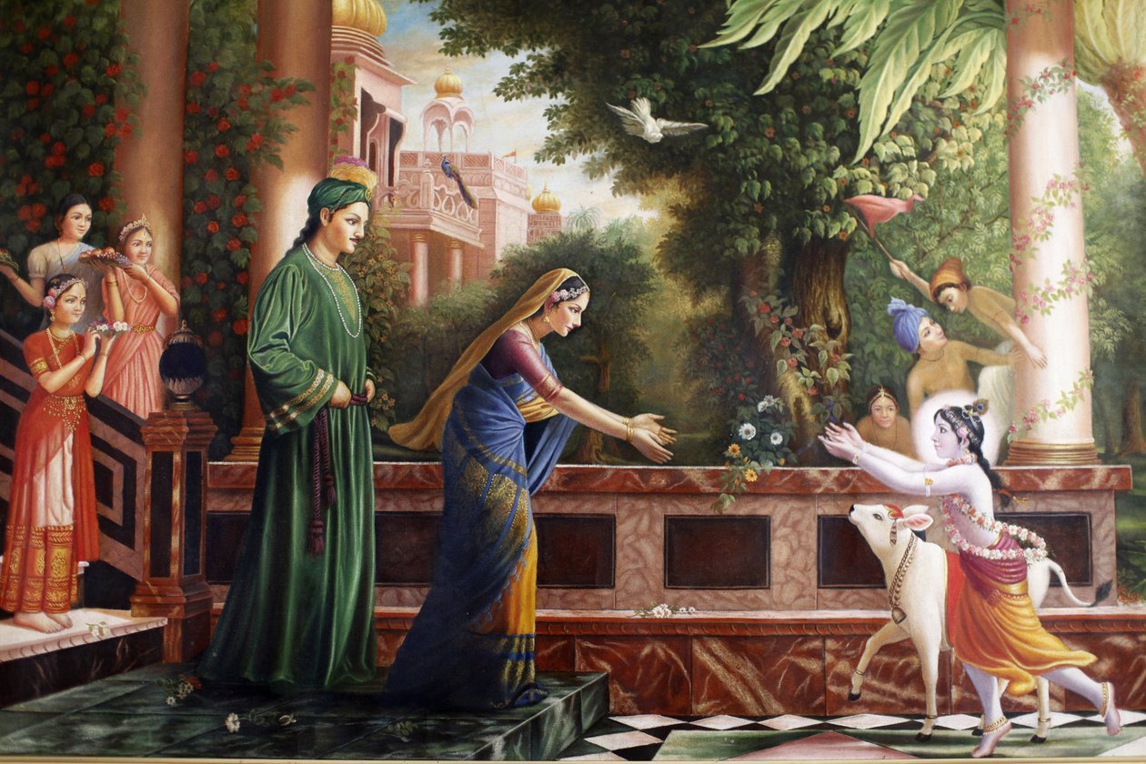 Obraz v Bhaktivedanta Manor zobrazující mladého Krišnu běžícího k matce Yasoda a Nanda Maharaj (jeho pěstouni) Watford Grande-Bretagne od Unbekannt