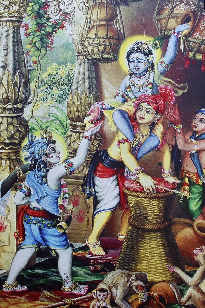 Obraz zobrazující hinduistického boha Krishnaase, jak si dítě hraje se svými bratry. Indie od Unbekannt