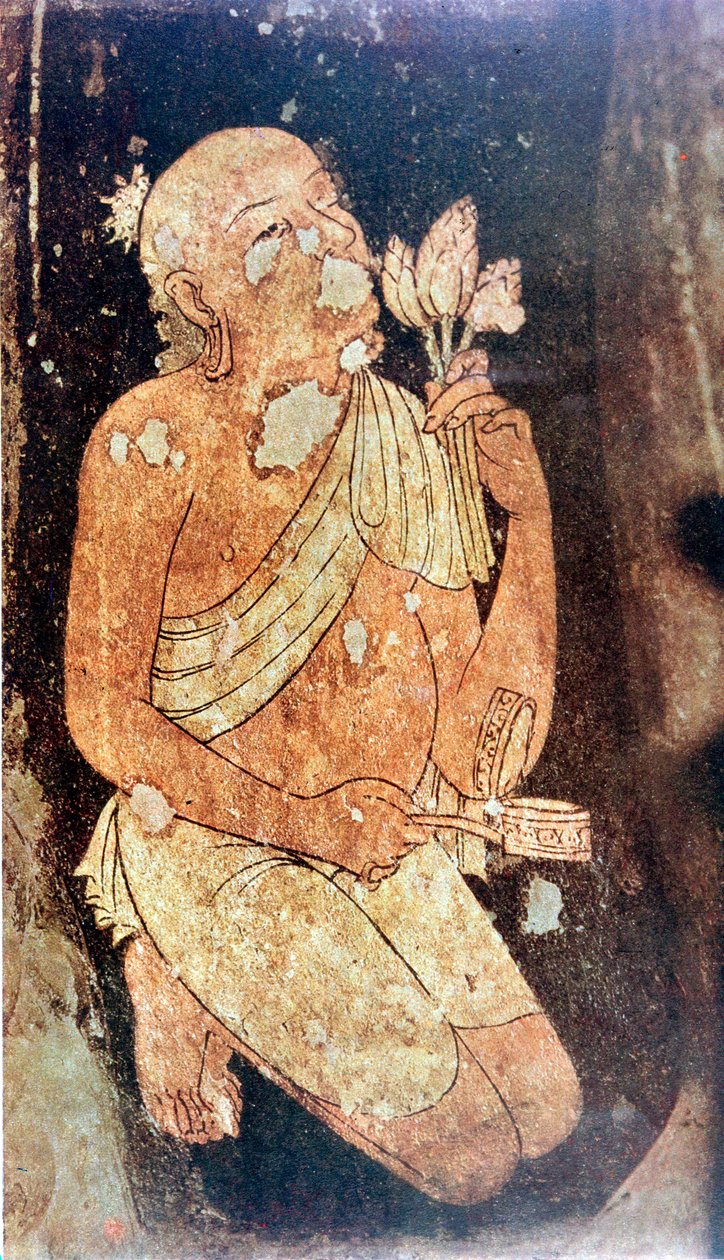 Obraz buddhistického mnicha z jeskynních chrámů Ajanta, Indie, 5.–6. století od Unbekannt