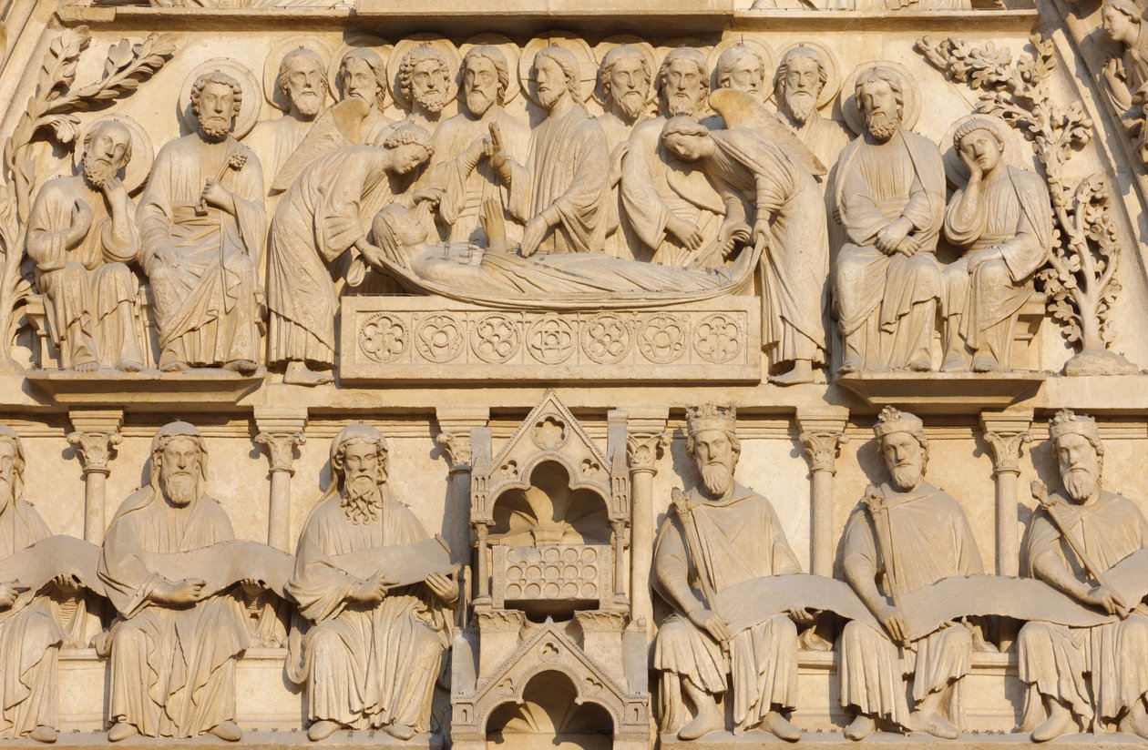 Pařížská katedrála Notre Dame západní křídlo: Panenská brána: Marie na smrtelné posteli obklopená Ježíšem a apoštoly, Paříž, Francie od Unbekannt