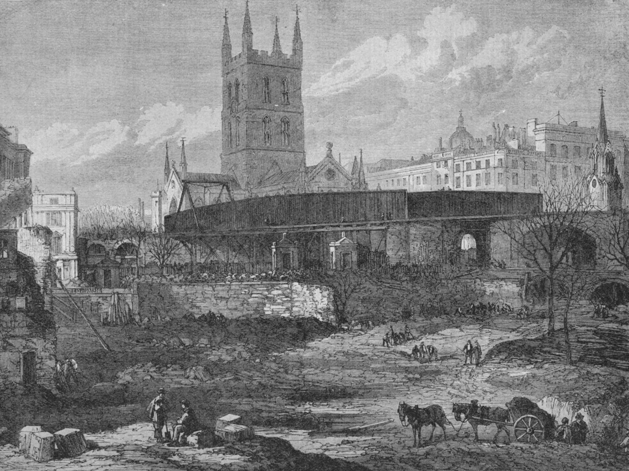Část areálu nemocnice St. Thomass v Southwarku, která je vyklízena pro železniční účely, c1862, od Unbekannt