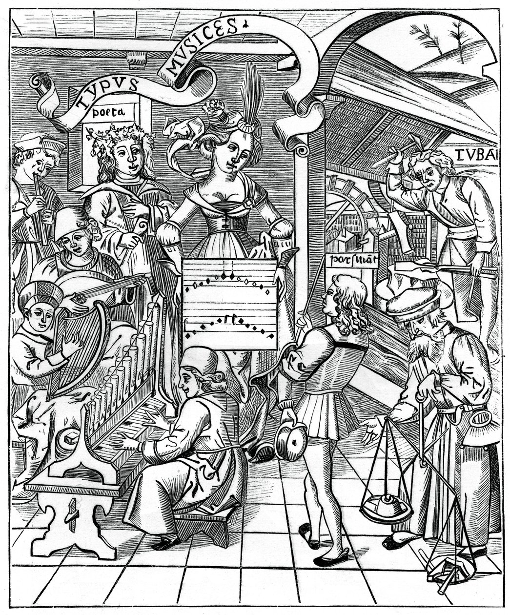 Personifikace hudby, s pomocníky, básníkem a hudebníky, 1508, 1870 od Unbekannt
