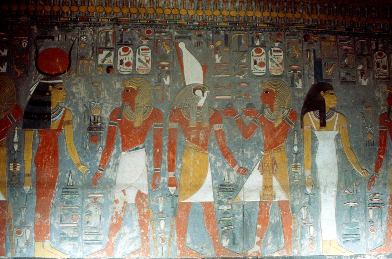 Faraon Horemheb s bohyní Isis a bohem Horem, starověký Egypťan, 14. století před naším letopočtem od Unbekannt