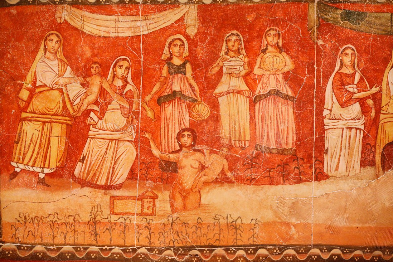 Faraon a dětství Mojžíše, freska ze synagogy v Doura (Dura) Europos, 244-245, uložená v Národním muzeu v Damašku. Fotografie pořízená v židovském muzeu v New Yorku během výstavy. od Unbekannt