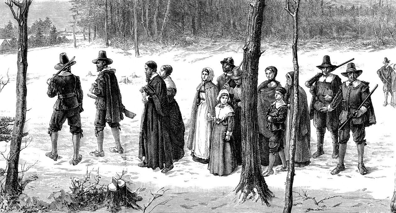Otcové poutníci na cestě do kostela, 1620 od Unbekannt