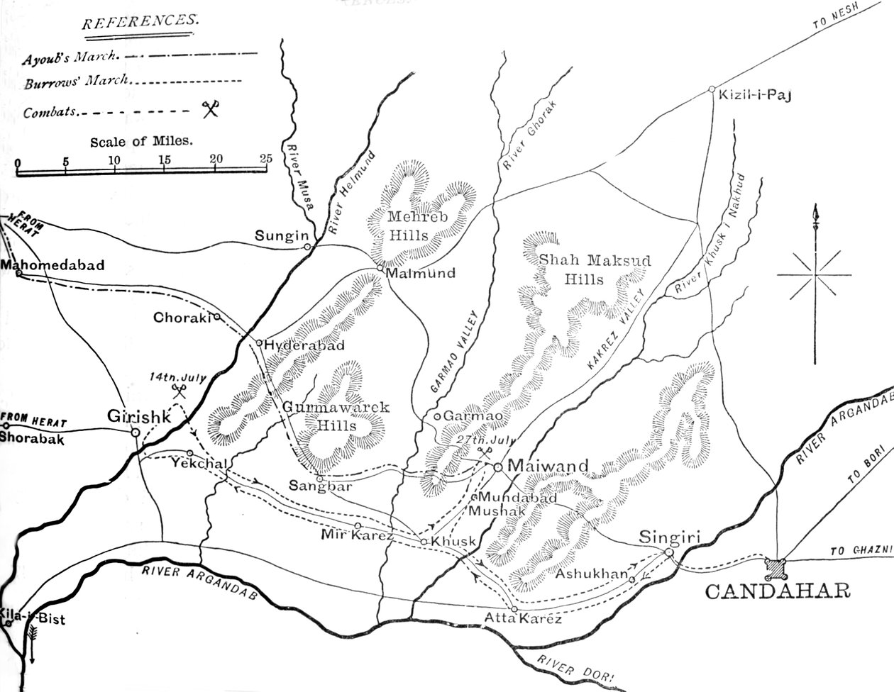 Plán pochodu generála Burrowse k Helmundu 4.–29. července 1880, c1880 od Unbekannt