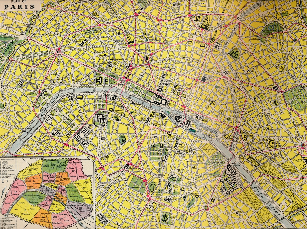 Plán Paříže - centrální čtvrť města světla, c 1930 od Unbekannt