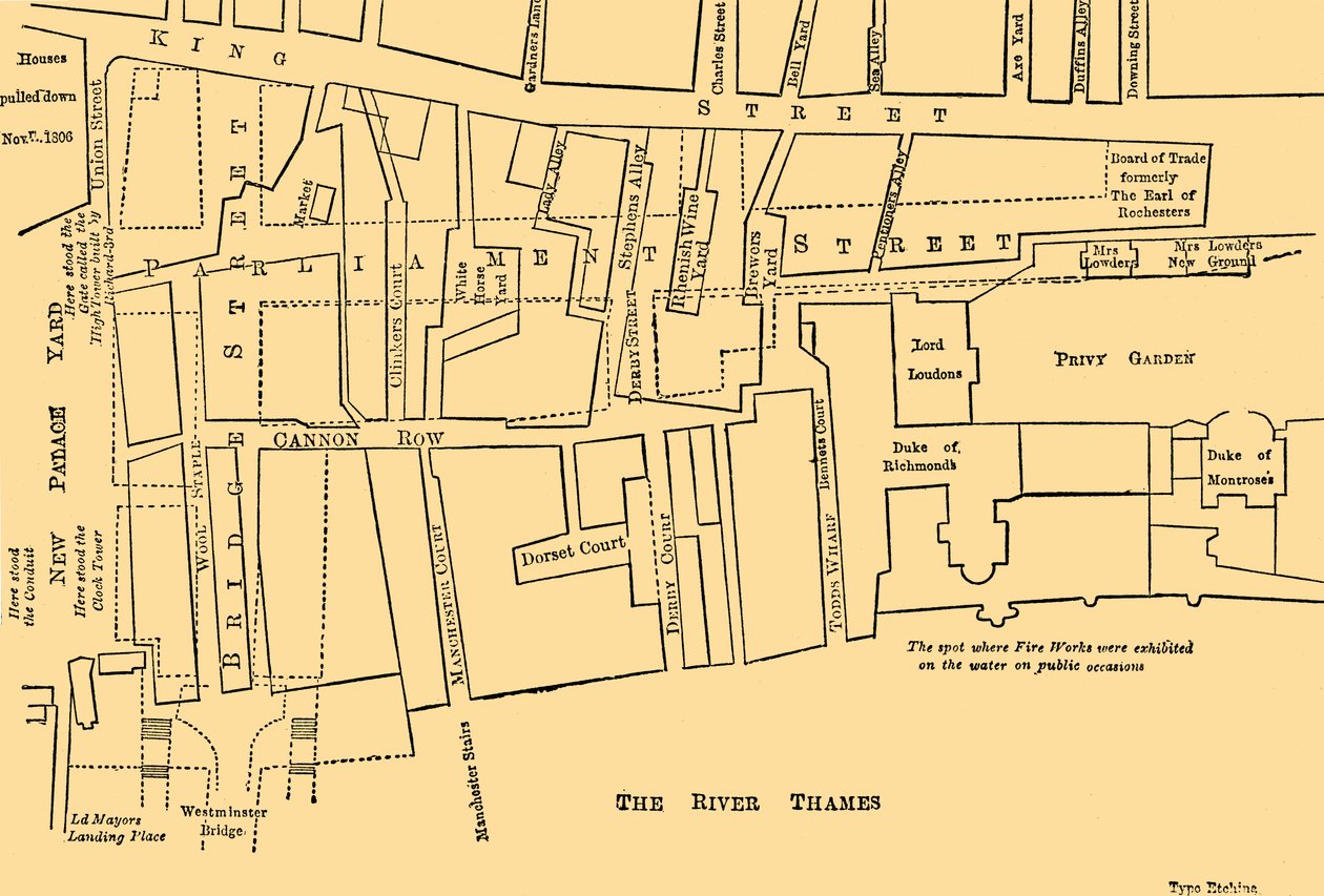 Plán části Westminsteru v letech 1734 až 1748 - Před postavením Parliament Street, od Unbekannt
