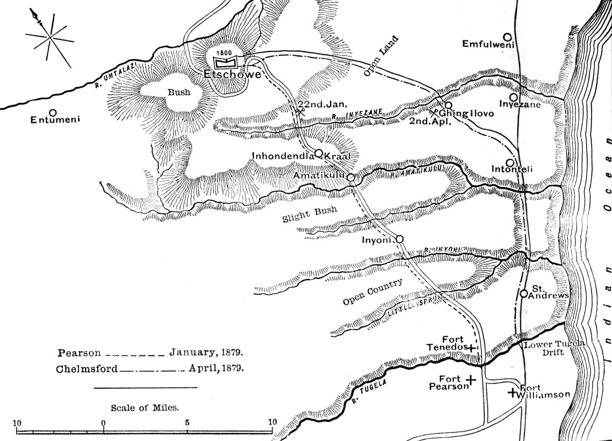 Plán pochodů Pearson Jan., 1879 a Chelmsford dubna, 1879 do Etschowe, c1880 od Unbekannt