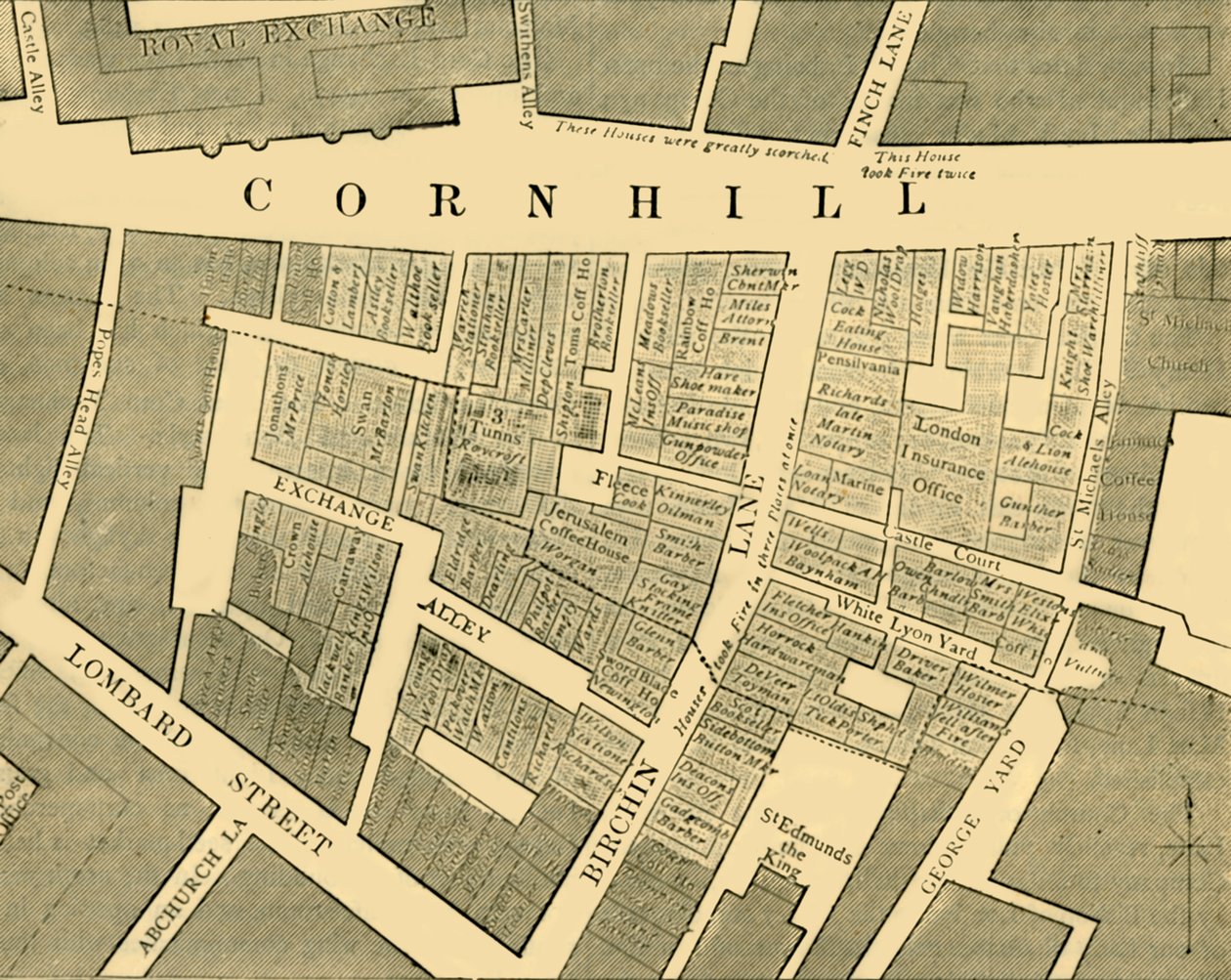 Plán ukazující rozsah velkého požáru v Cornhill v roce 1748, c1872. od Unbekannt