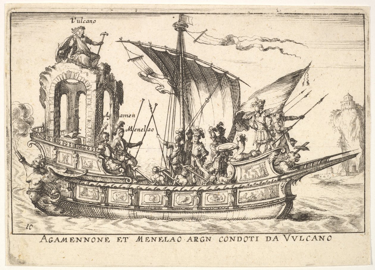 Deska 10: Agamemnon a Menelaos sedící na člunu doprovázeni dalšími postavami včetně V..., 1664. od Unbekannt