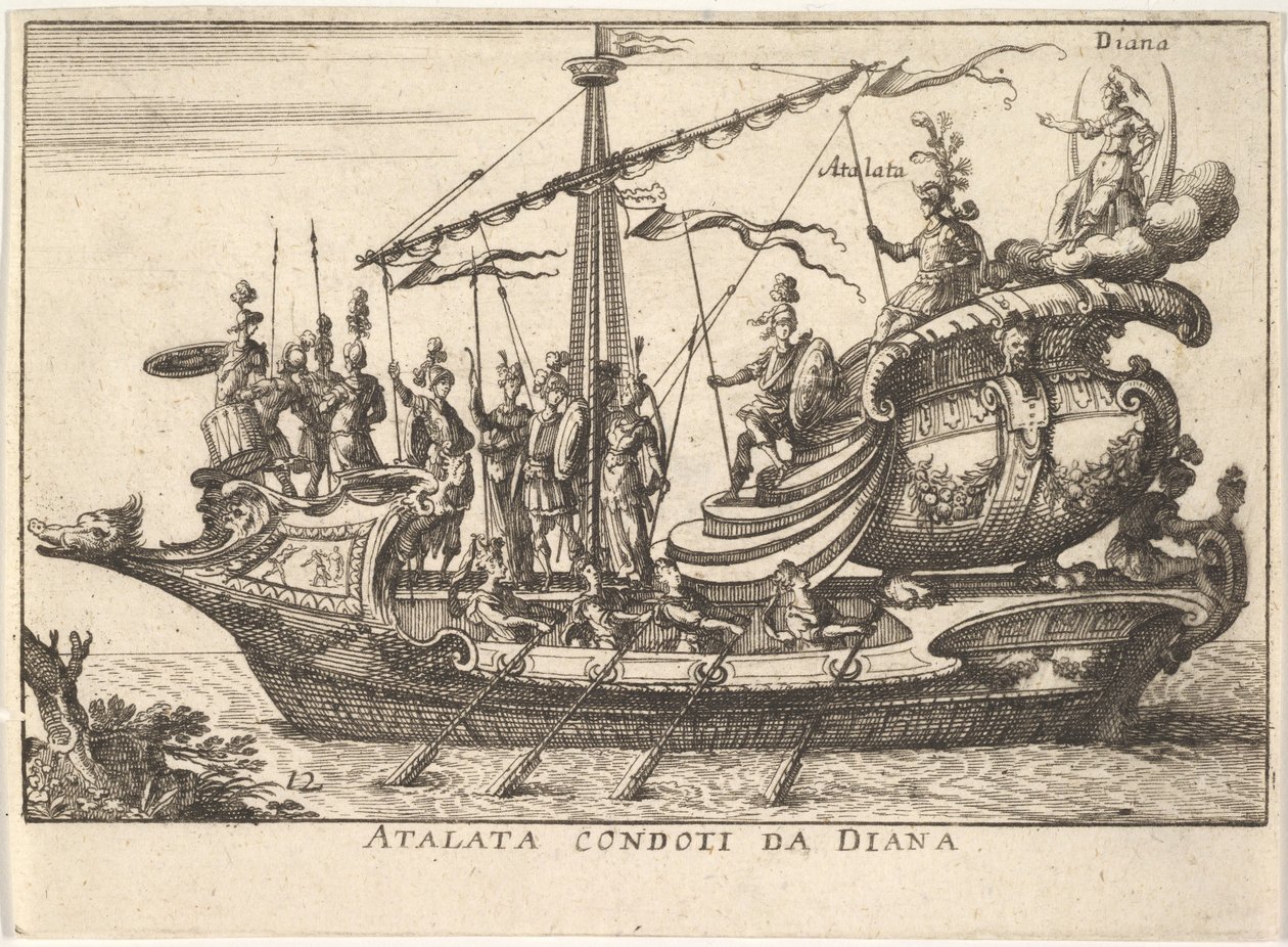 Talíř 12: Atalanta vedená Dianou Atalata condoti da Diana, doprovázená válečníky s ..., 1664. od Unbekannt