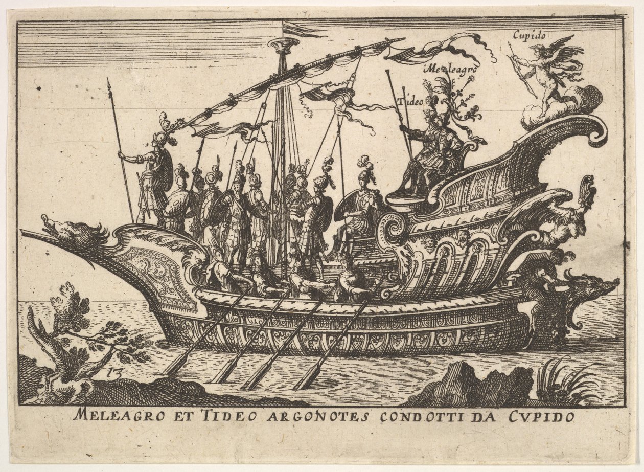 Talíř 13: Argonauti Meleager a Tydeus vedení Cupidem Meleagro et Tideo Argonotes condotti..., 1664 od Unbekannt