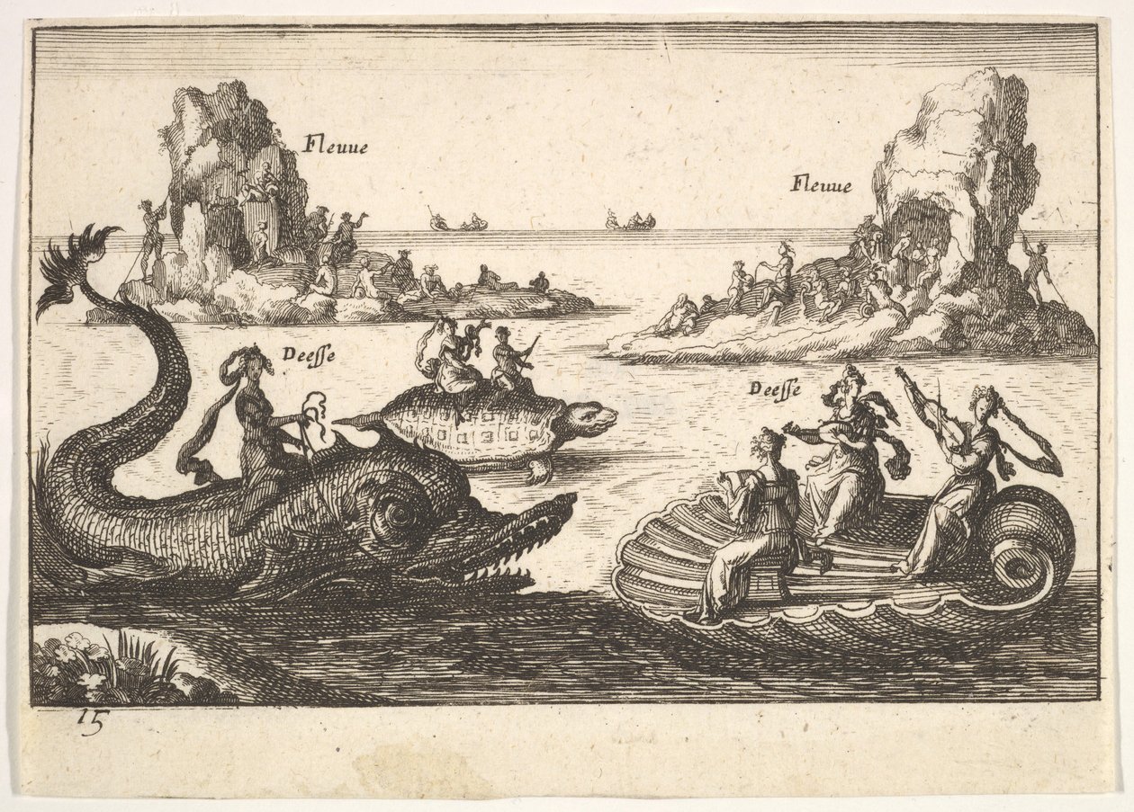 Deska 15: Řeky a bohyně, s plovoucími ostrovy vedenými tyčonoši, ženská postava..., 1664. od Unbekannt
