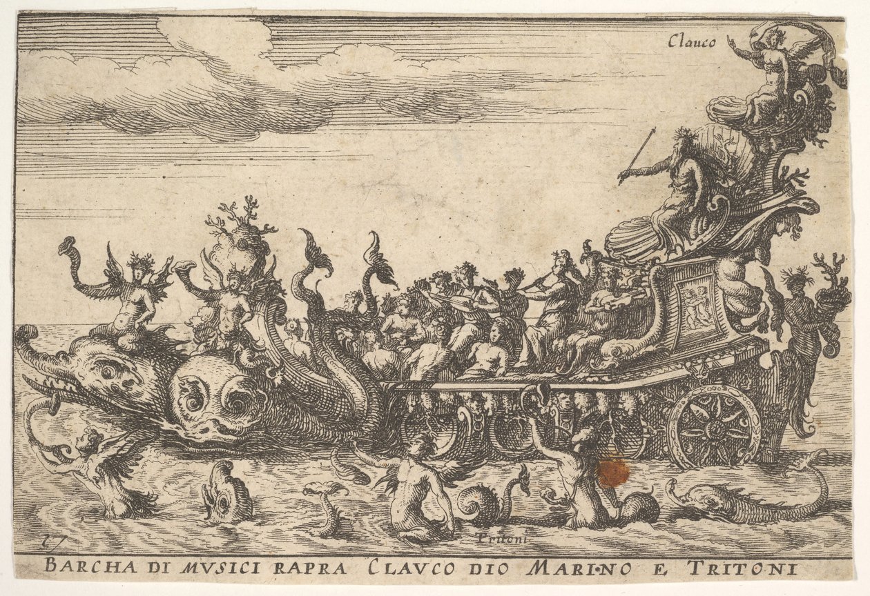 Deska 16: Loď hudebníků s bohem moře Claucusem a tritony Barcha di musici rapra C..., 1664. od Unbekannt