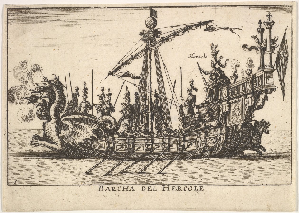Deska 1: Loď Herkula Barcha del Hercole s přídí s dračí hlavou a Herkulesem na pl..., 1664. od Unbekannt