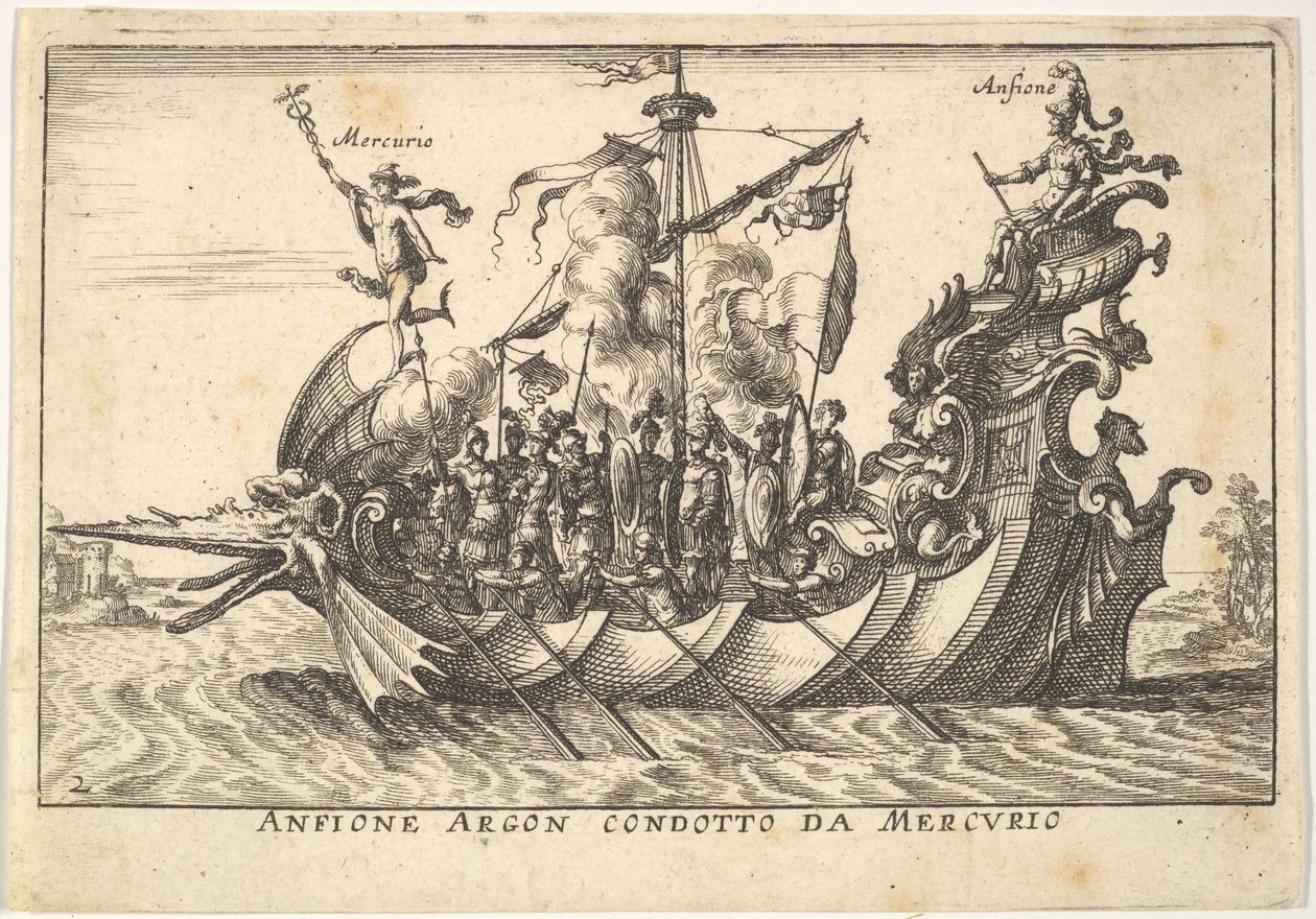 Talíř 2: Argonautský Amphion vedený Merkurem Anfione Argonem. Condotto da Mercurio, s..., 1664. od Unbekannt