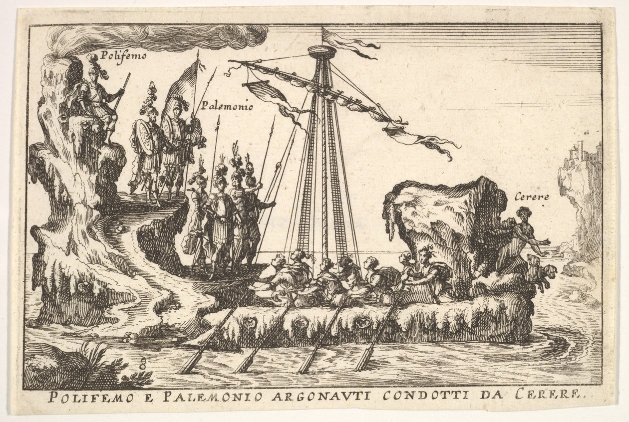 Deska 8: Polyphemus a Palemonius pod vedením Ceres Polifemo e Palemonio Argonauti condotti d ..., 1664. od Unbekannt