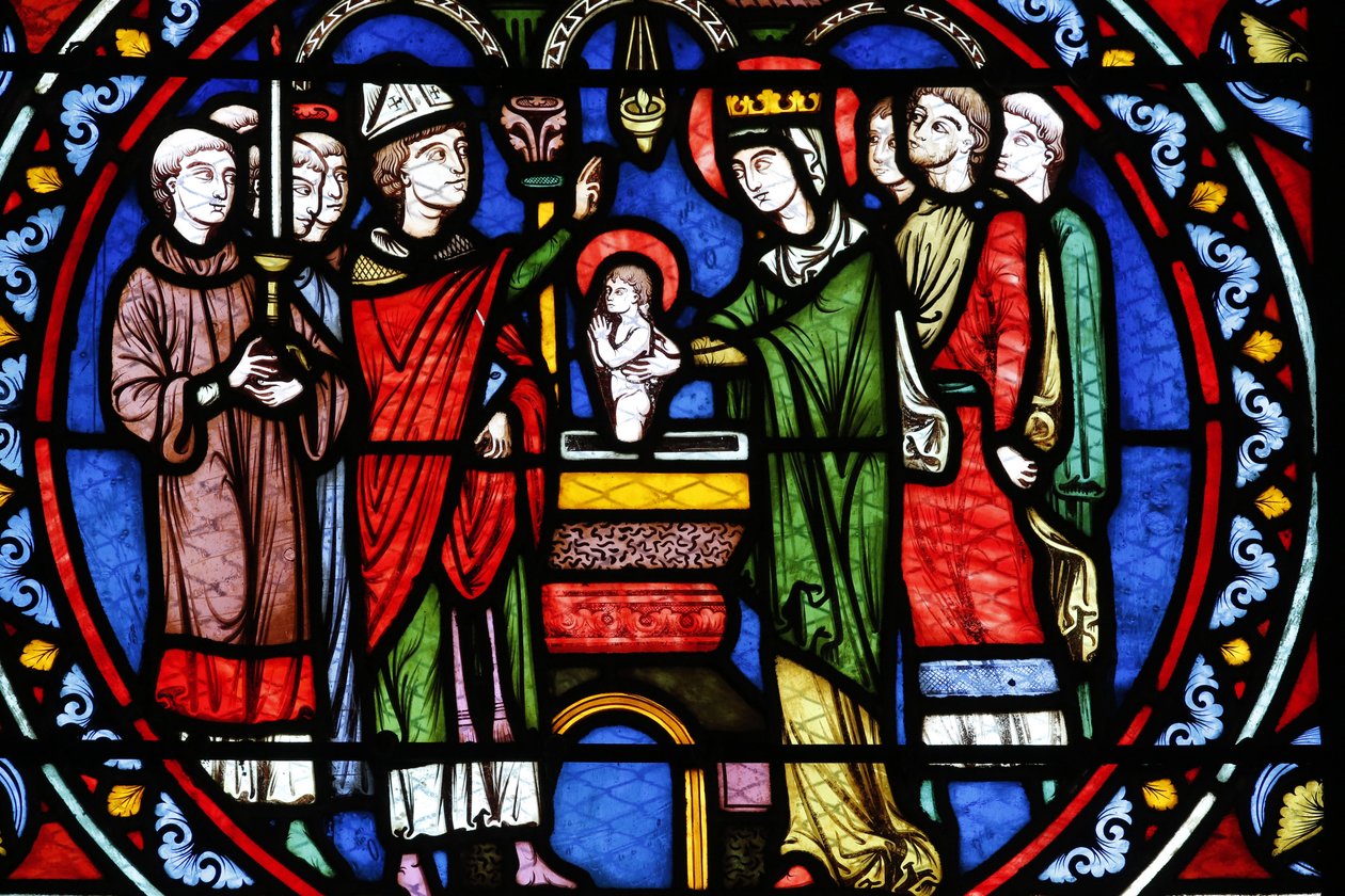 Kolegiátní kostel Poissy. Vitráž. Křest Saint Louis, Poissy, Francie od Unbekannt